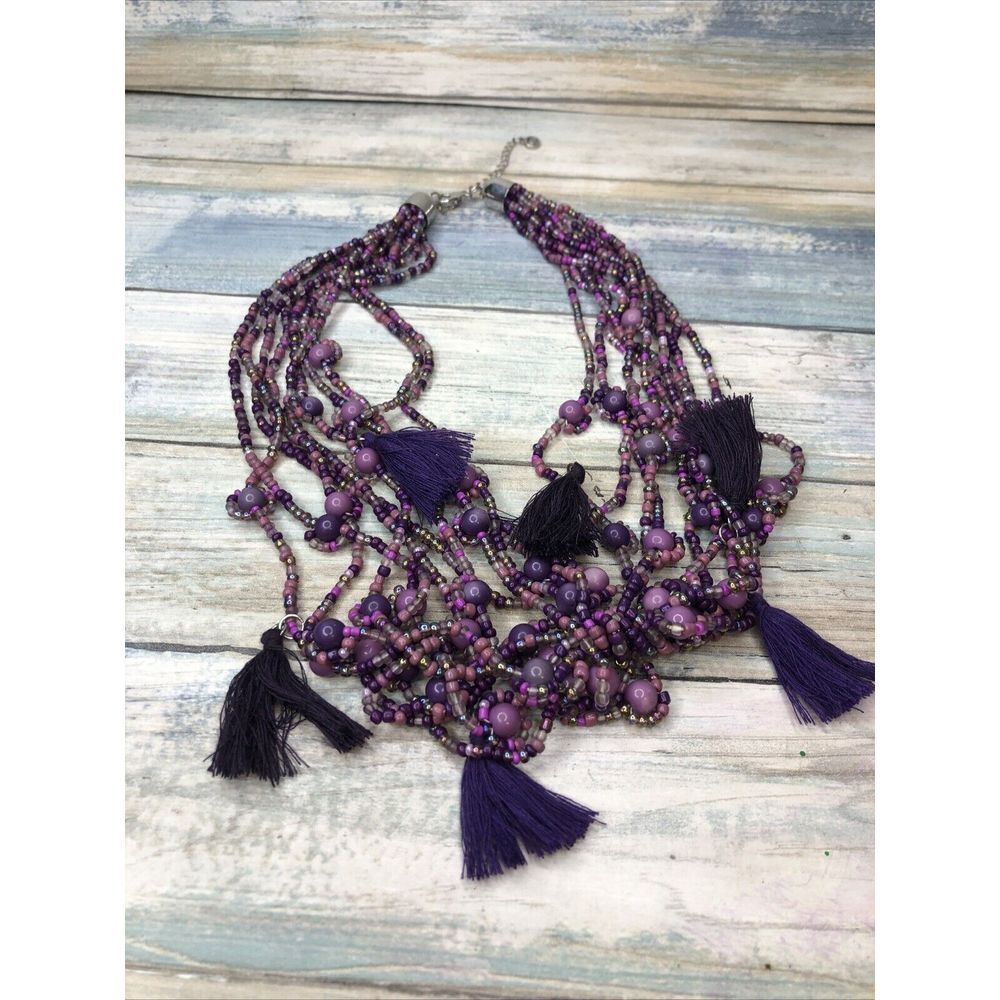 C1946 Purple Tassel‎ Necklace Multi-strand Ethnic Silver Extender lobster clasp